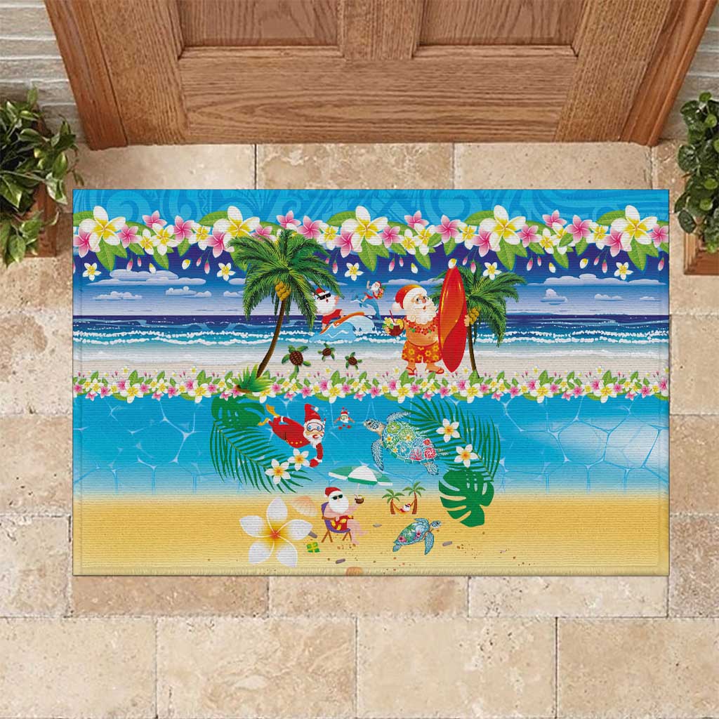 Polynesian Merry Christmas Rubber Doormat Funny Santa Beach Tropical Plant and Turtle - Polynesian Pride