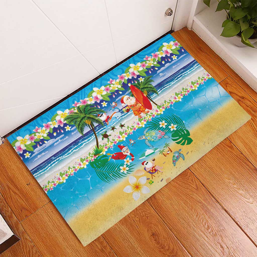 Polynesian Merry Christmas Rubber Doormat Funny Santa Beach Tropical Plant and Turtle - Polynesian Pride