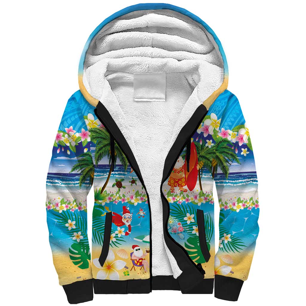 Polynesian Merry Christmas Sherpa Hoodie Funny Santa Beach Tropical Plant and Turtle - Polynesian Pride