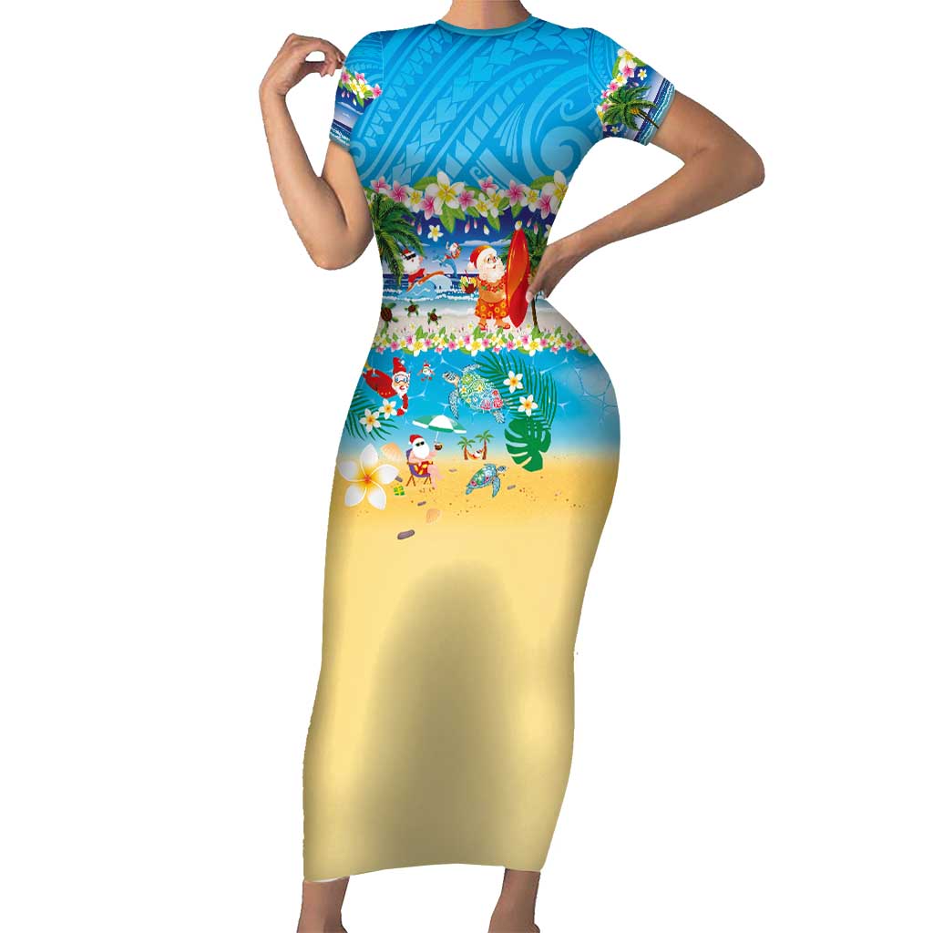 Polynesian Merry Christmas Short Sleeve Bodycon Dress Funny Santa Beach Tropical Plant and Turtle - Polynesian Pride