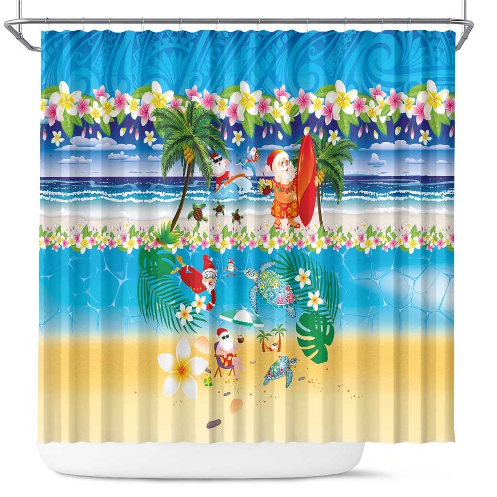 Polynesian Merry Christmas Shower Curtain Funny Santa Beach Tropical Plant and Turtle - Polynesian Pride