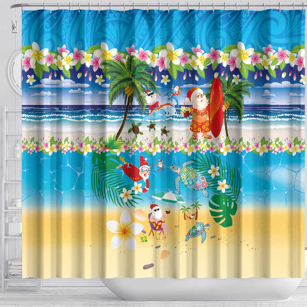 Polynesian Merry Christmas Shower Curtain Funny Santa Beach Tropical Plant and Turtle - Polynesian Pride