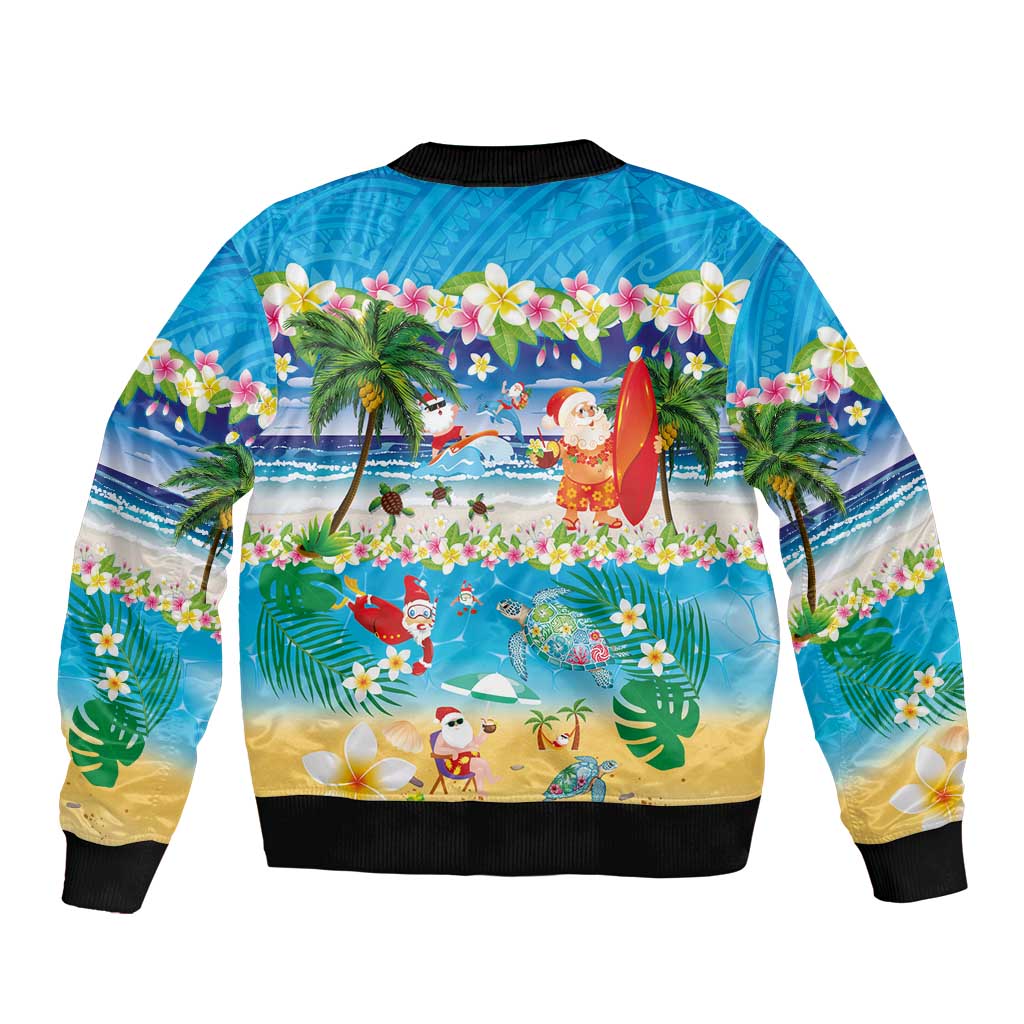 Polynesian Merry Christmas Sleeve Zip Bomber Jacket Funny Santa Beach Tropical Plant and Turtle - Polynesian Pride