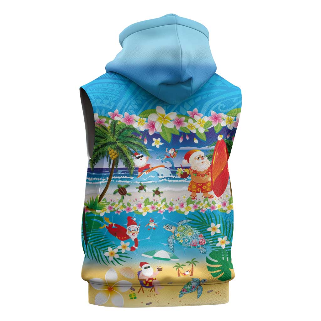 Polynesian Merry Christmas Sleeveless Hoodie Funny Santa Beach Tropical Plant and Turtle - Polynesian Pride