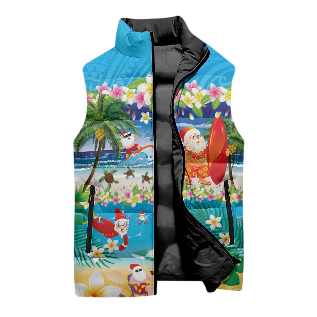 Polynesian Merry Christmas Sleeveless Puffer Jacket Funny Santa Beach Tropical Plant and Turtle - Polynesian Pride