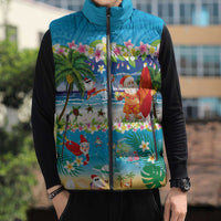 Polynesian Merry Christmas Sleeveless Puffer Jacket Funny Santa Beach Tropical Plant and Turtle - Polynesian Pride