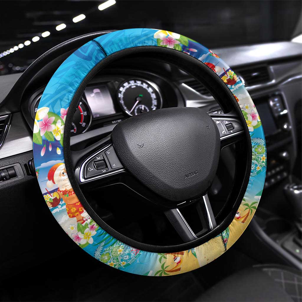Polynesian Merry Christmas Steering Wheel Cover Funny Santa Beach Tropical Plant and Turtle - Polynesian Pride