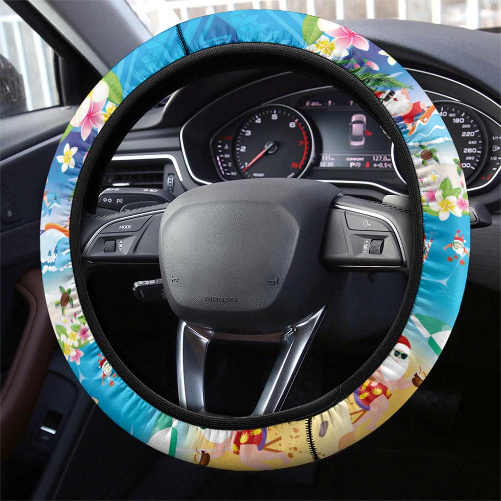Polynesian Merry Christmas Steering Wheel Cover Funny Santa Beach Tropical Plant and Turtle - Polynesian Pride