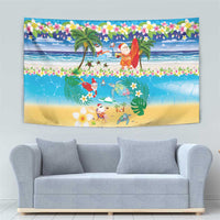 Polynesian Merry Christmas Tapestry Funny Santa Beach Tropical Plant and Turtle - Polynesian Pride
