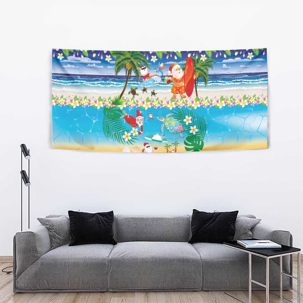 Polynesian Merry Christmas Tapestry Funny Santa Beach Tropical Plant and Turtle - Polynesian Pride