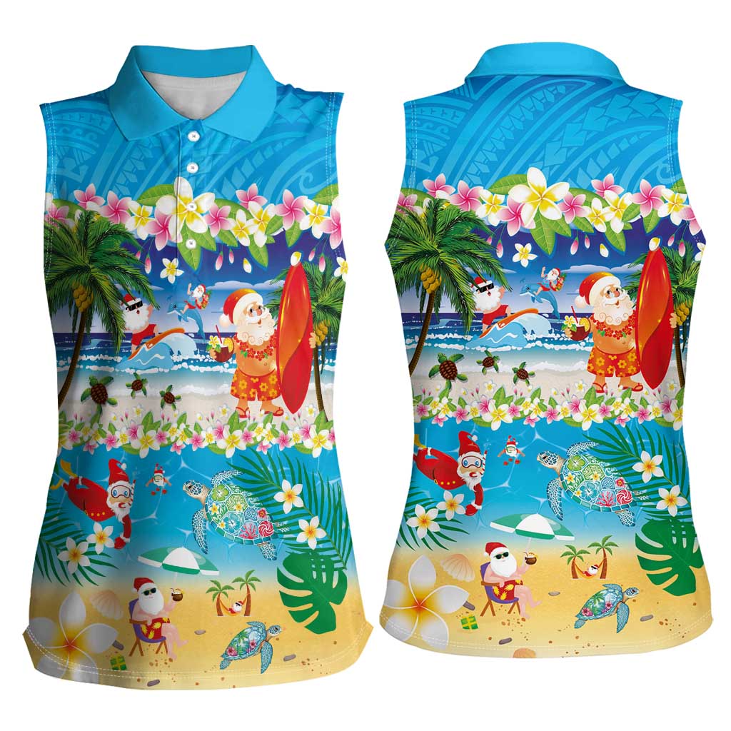 Polynesian Merry Christmas Women Sleeveless Polo Shirt Funny Santa Beach Tropical Plant and Turtle - Polynesian Pride