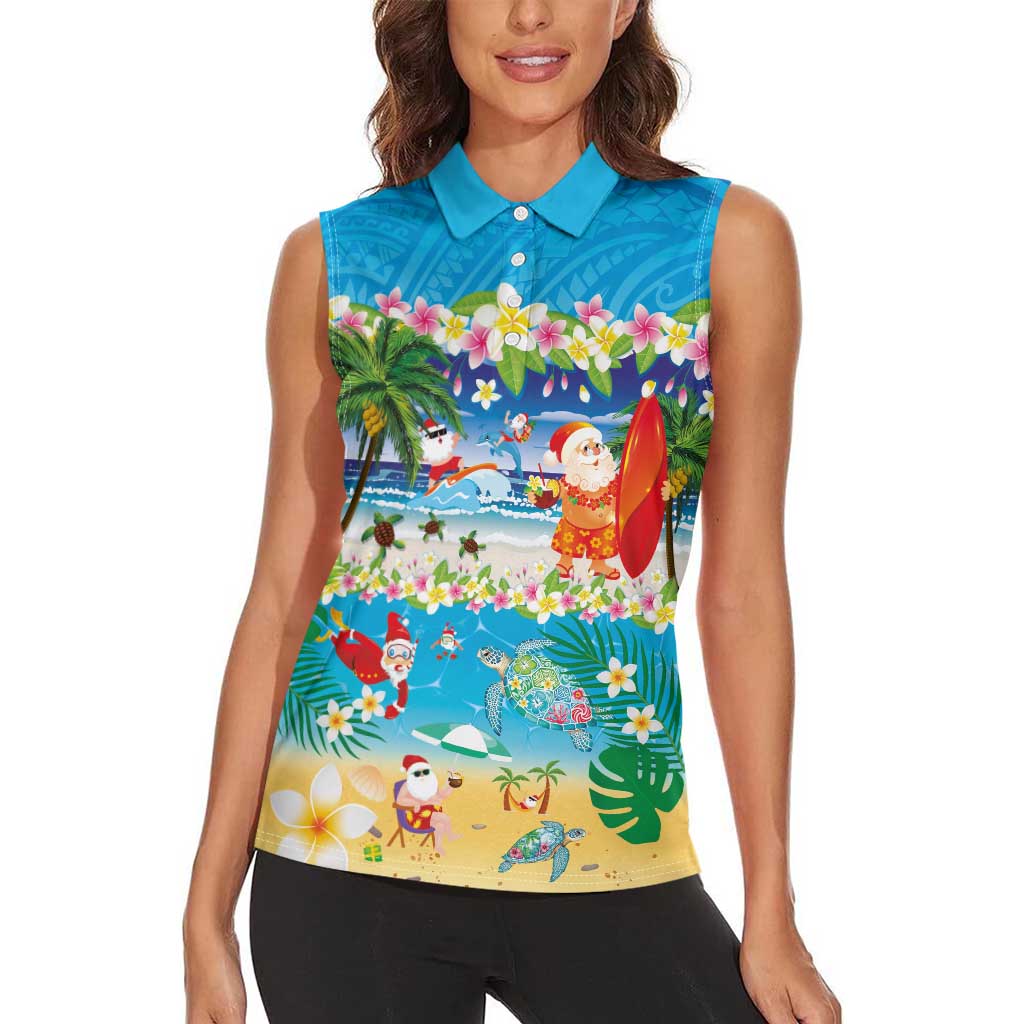 Polynesian Merry Christmas Women Sleeveless Polo Shirt Funny Santa Beach Tropical Plant and Turtle - Polynesian Pride