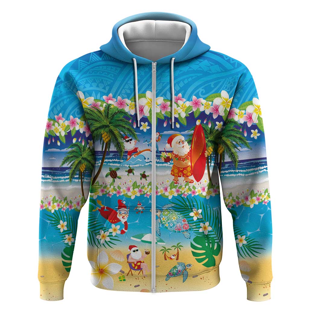 Polynesian Merry Christmas Zip Hoodie Funny Santa Beach Tropical Plant and Turtle - Polynesian Pride