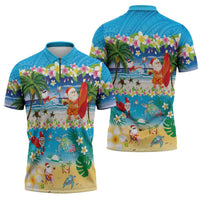 Polynesian Merry Christmas Zipper Polo Shirt Funny Santa Beach Tropical Plant and Turtle - Polynesian Pride