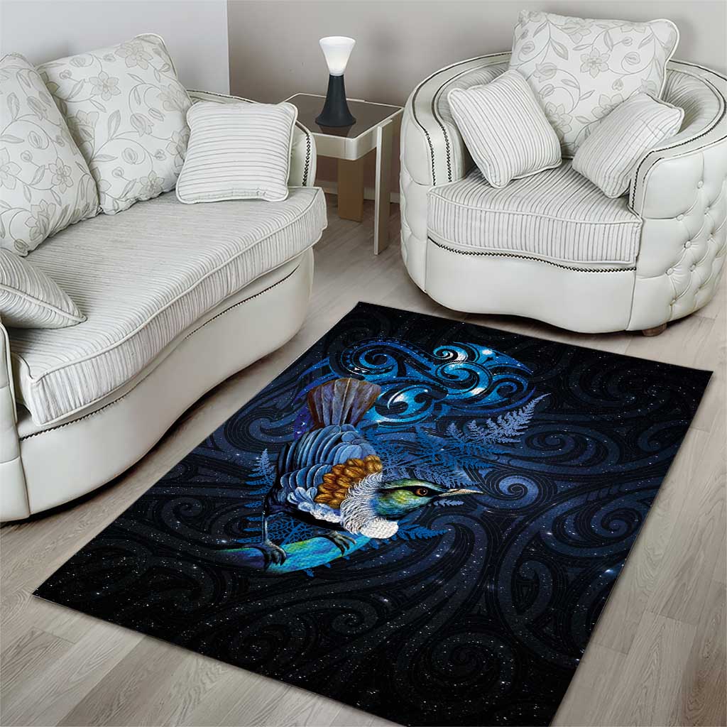 Aotearoa Matariki Area Rug Maori Tribal with Silver Fern and Tui Bird Galaxy Style - Polynesian Pride