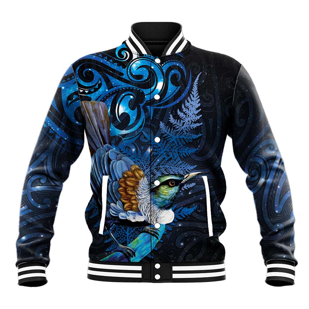 Aotearoa Matariki Baseball Jacket Maori Tribal with Silver Fern and Tui Bird Galaxy Style - Polynesian Pride