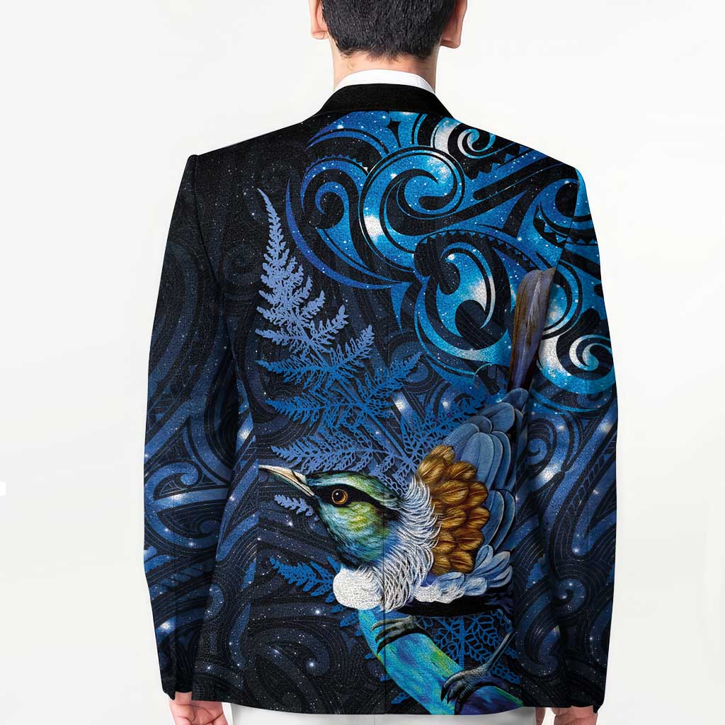 Aotearoa Matariki Blazer Maori Tribal with Silver Fern and Tui Bird Galaxy Style - Polynesian Pride