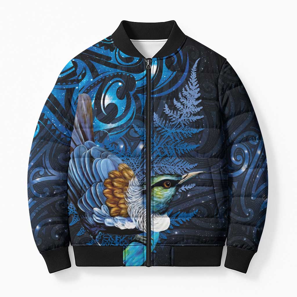 Aotearoa Matariki Bomber Puffer Jacket Maori Tribal with Silver Fern and Tui Bird Galaxy Style - Polynesian Pride