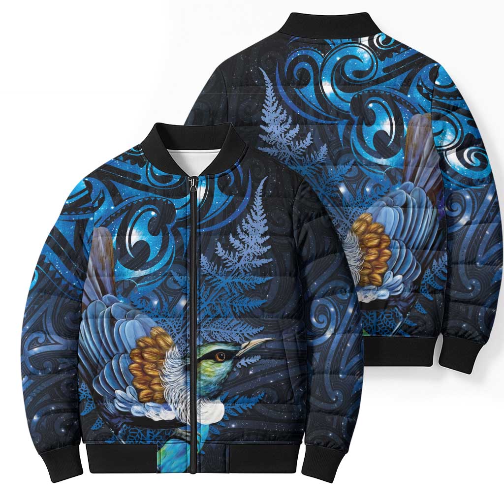 Aotearoa Matariki Bomber Puffer Jacket Maori Tribal with Silver Fern and Tui Bird Galaxy Style - Polynesian Pride