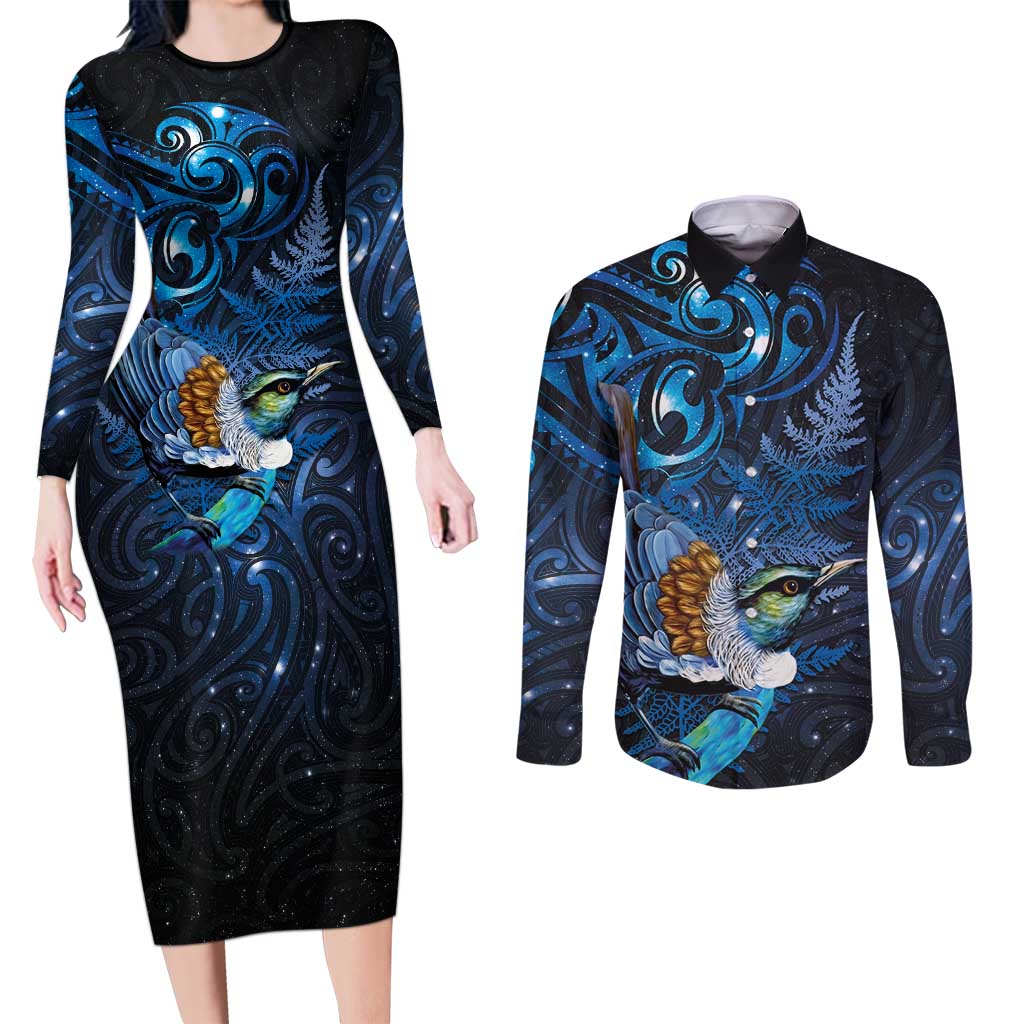 Aotearoa Matariki Couples Matching Long Sleeve Bodycon Dress and Long Sleeve Button Shirt Maori Tribal with Silver Fern and Tui Bird Galaxy Style - Polynesian Pride