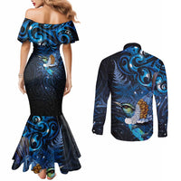 Aotearoa Matariki Couples Matching Mermaid Dress and Long Sleeve Button Shirt Maori Tribal with Silver Fern and Tui Bird Galaxy Style - Polynesian Pride