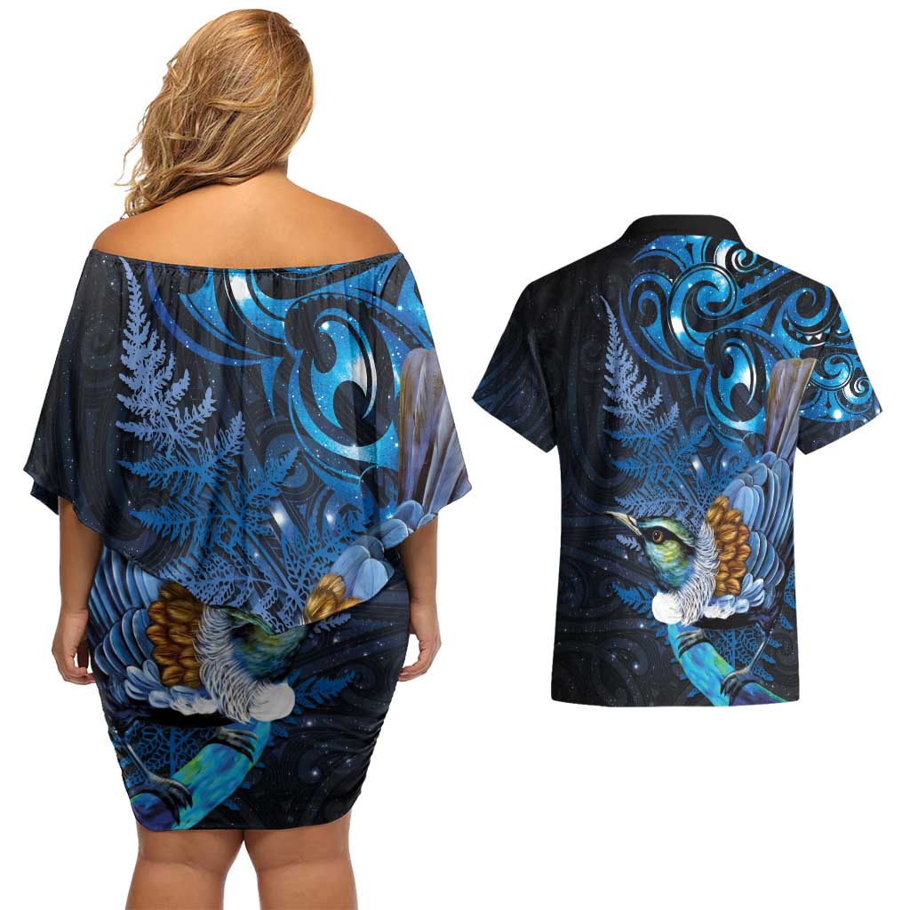 Aotearoa Matariki Couples Matching Off Shoulder Short Dress and Hawaiian Shirt Maori Tribal with Silver Fern and Tui Bird Galaxy Style - Polynesian Pride