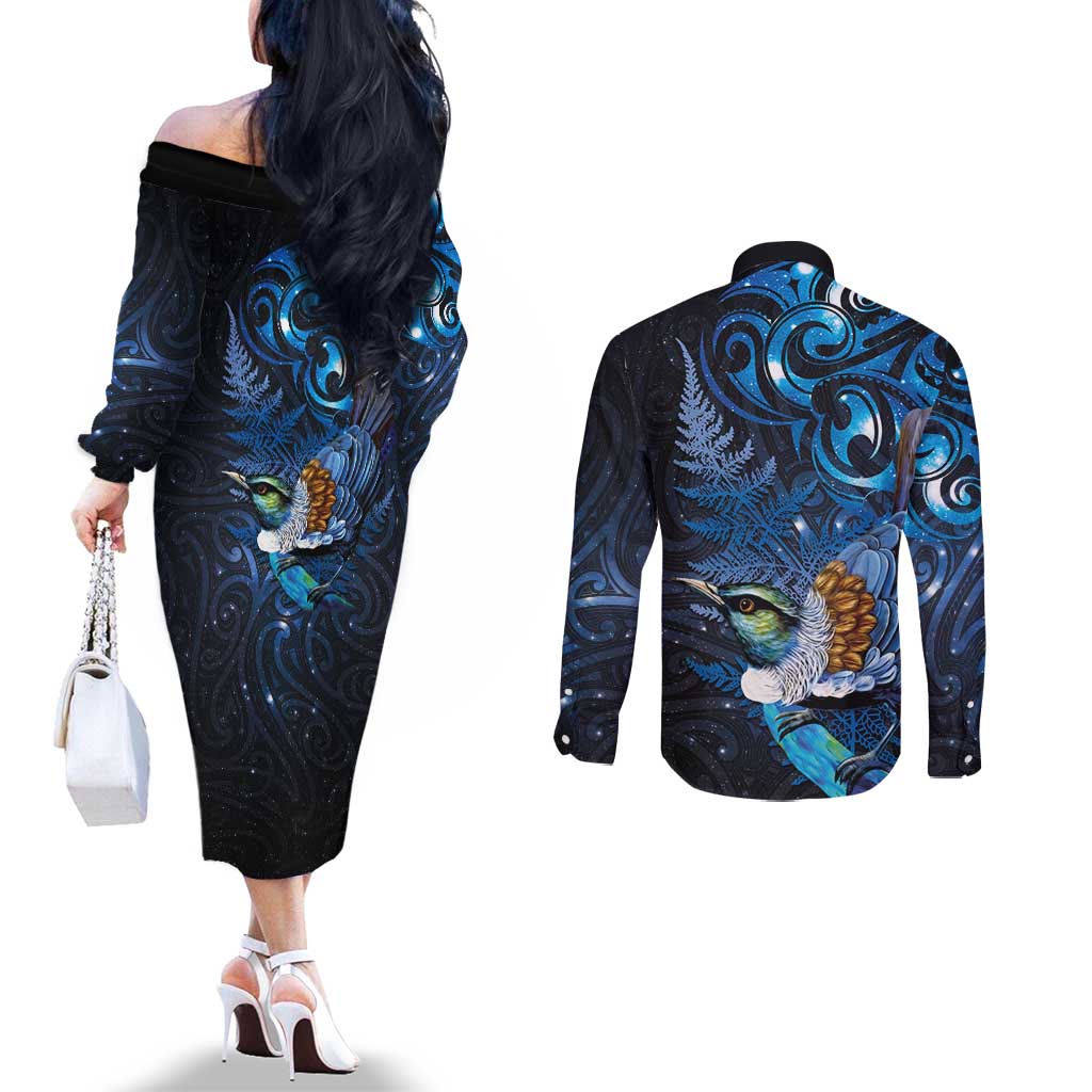 Aotearoa Matariki Couples Matching Off The Shoulder Long Sleeve Dress and Long Sleeve Button Shirt Maori Tribal with Silver Fern and Tui Bird Galaxy Style - Polynesian Pride