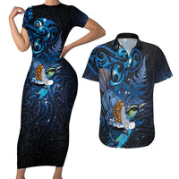 Aotearoa Matariki Couples Matching Short Sleeve Bodycon Dress and Hawaiian Shirt Maori Tribal with Silver Fern and Tui Bird Galaxy Style - Polynesian Pride