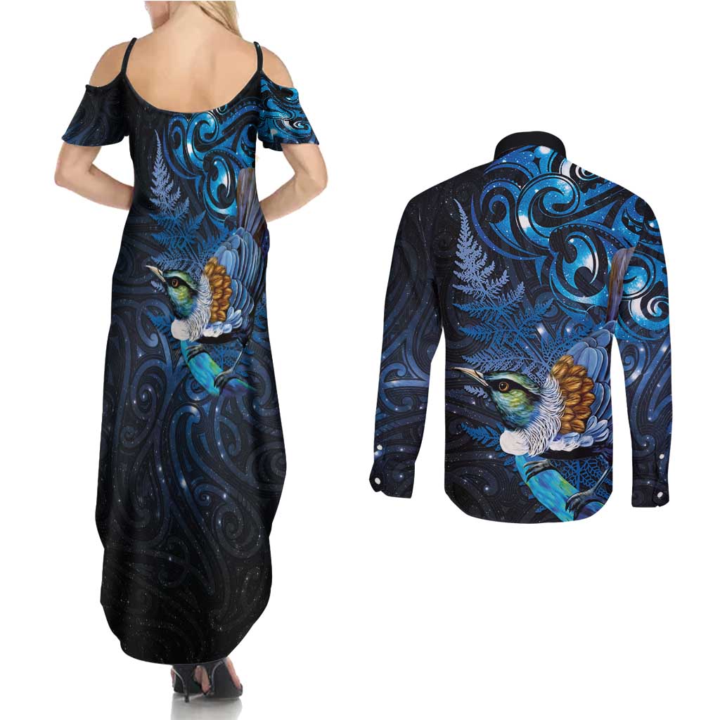 Aotearoa Matariki Couples Matching Summer Maxi Dress and Long Sleeve Button Shirt Maori Tribal with Silver Fern and Tui Bird Galaxy Style - Polynesian Pride