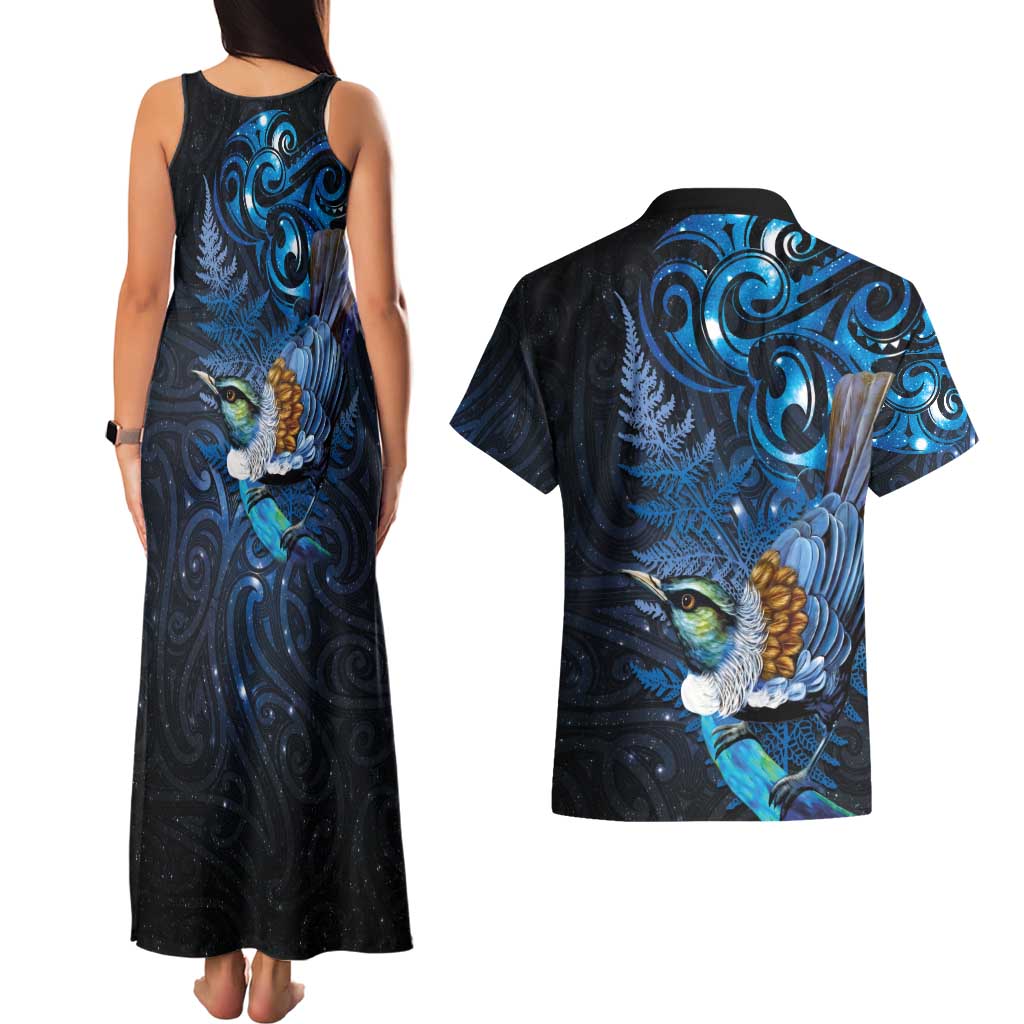 Aotearoa Matariki Couples Matching Tank Maxi Dress and Hawaiian Shirt Maori Tribal with Silver Fern and Tui Bird Galaxy Style - Polynesian Pride