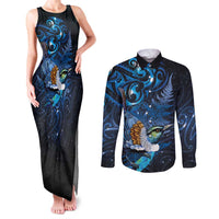 Aotearoa Matariki Couples Matching Tank Maxi Dress and Long Sleeve Button Shirt Maori Tribal with Silver Fern and Tui Bird Galaxy Style - Polynesian Pride