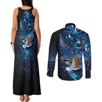 Aotearoa Matariki Couples Matching Tank Maxi Dress and Long Sleeve Button Shirt Maori Tribal with Silver Fern and Tui Bird Galaxy Style - Polynesian Pride