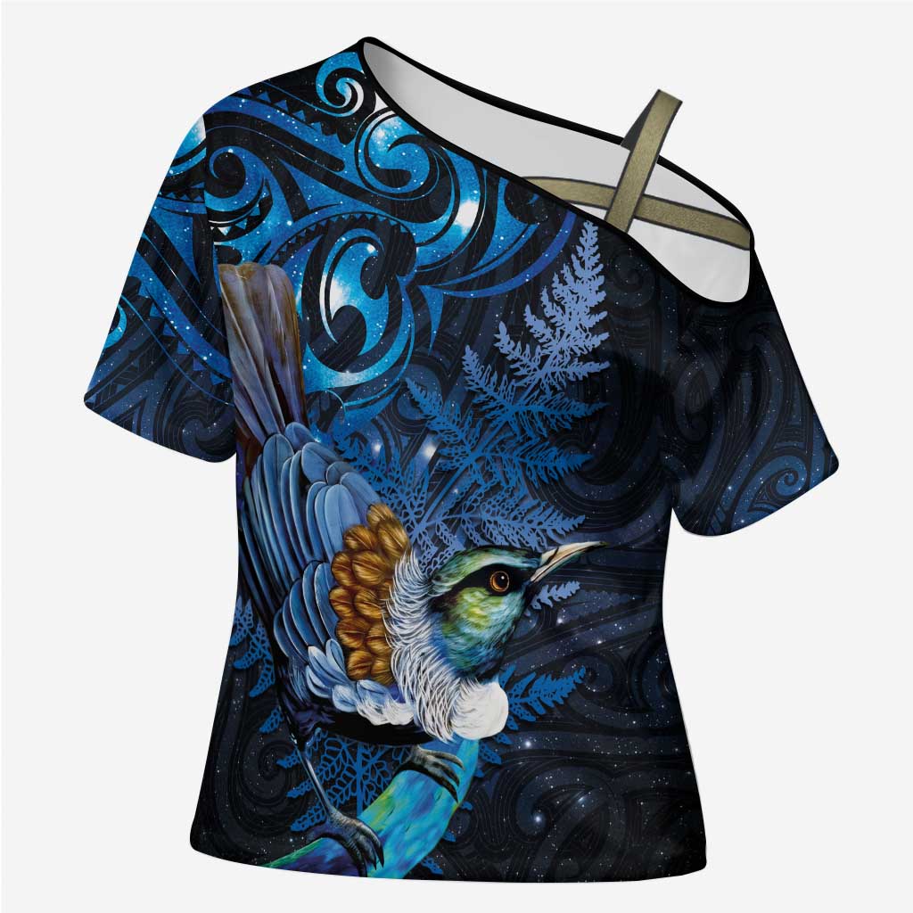 Aotearoa Matariki Cross Shoulder Shirt Maori Tribal with Silver Fern and Tui Bird Galaxy Style - Polynesian Pride