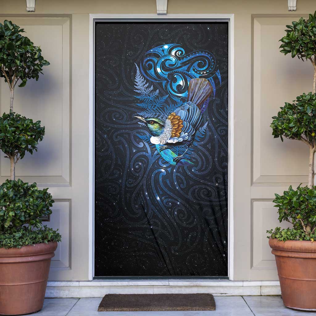 Aotearoa Matariki Door Cover Maori Tribal with Silver Fern and Tui Bird Galaxy Style - Polynesian Pride