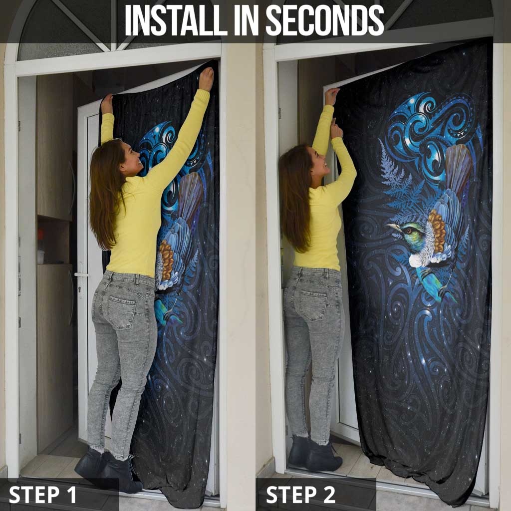 Aotearoa Matariki Door Cover Maori Tribal with Silver Fern and Tui Bird Galaxy Style - Polynesian Pride