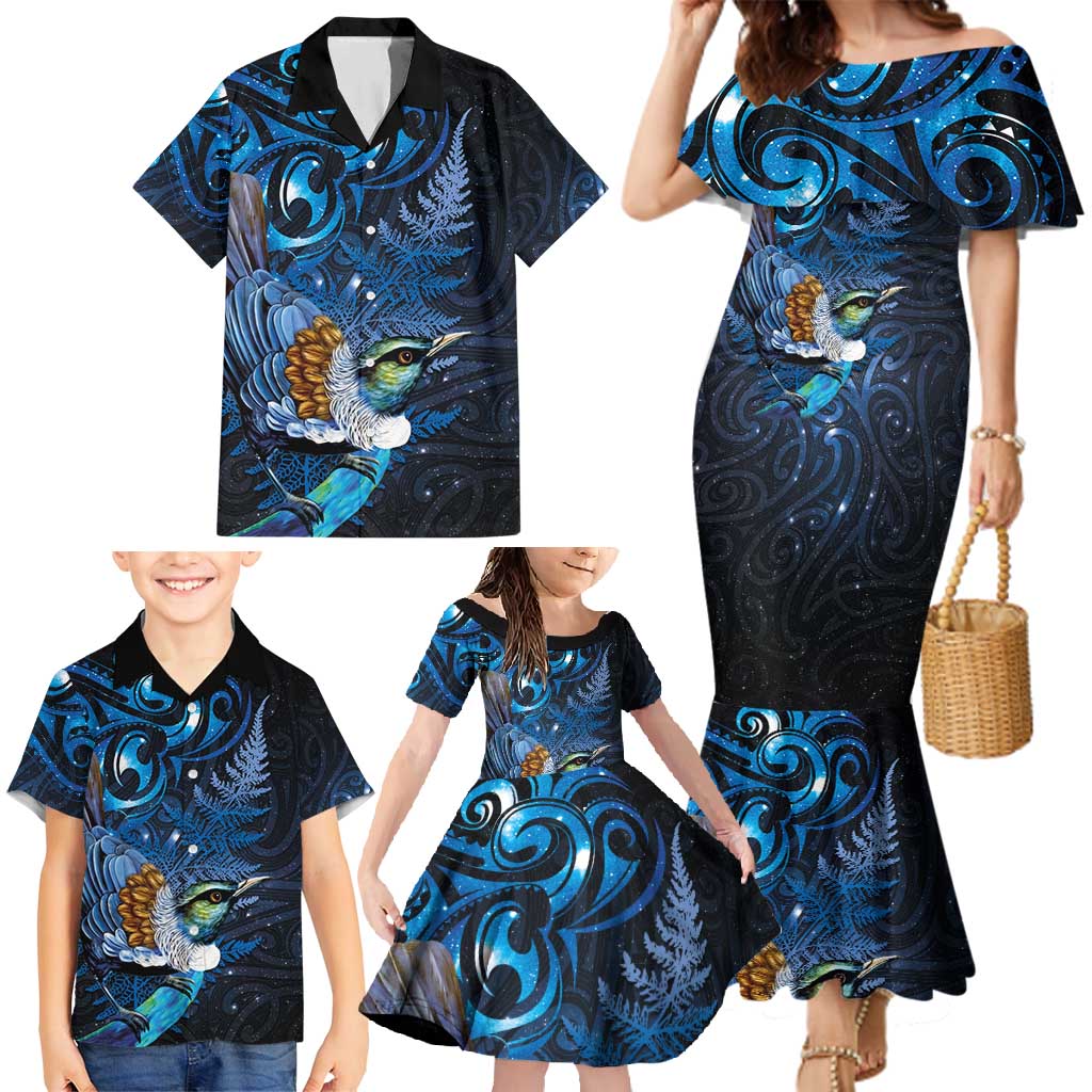 Aotearoa Matariki Family Matching Mermaid Dress and Hawaiian Shirt Maori Tribal with Silver Fern and Tui Bird Galaxy Style - Polynesian Pride