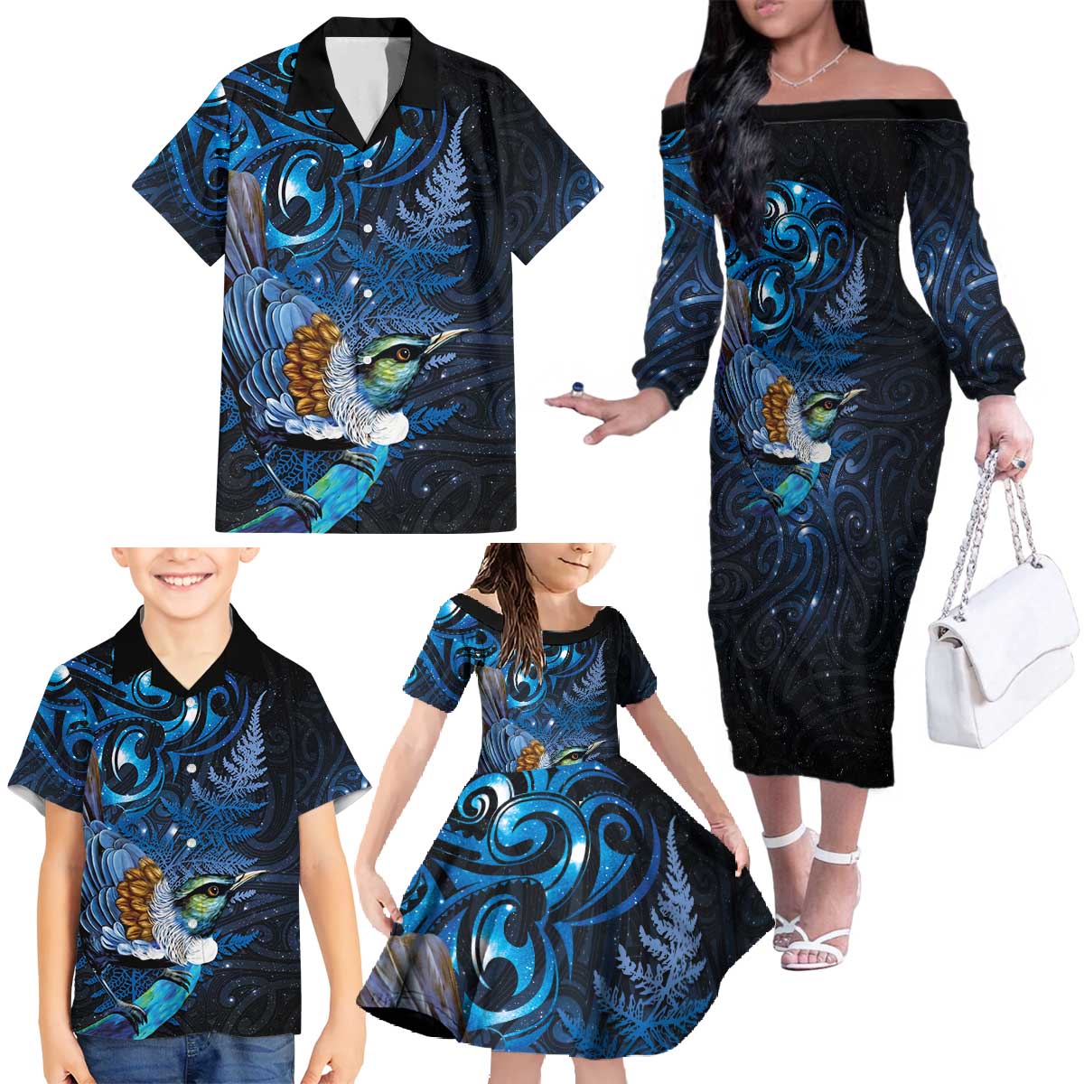 Aotearoa Matariki Family Matching Off The Shoulder Long Sleeve Dress and Hawaiian Shirt Maori Tribal with Silver Fern and Tui Bird Galaxy Style - Polynesian Pride