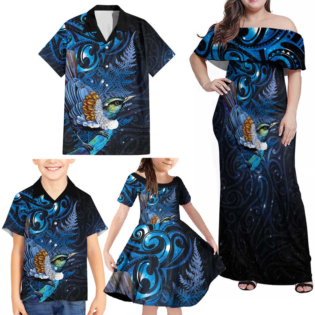 Aotearoa Matariki Family Matching Off Shoulder Maxi Dress and Hawaiian Shirt Maori Tribal with Silver Fern and Tui Bird Galaxy Style - Polynesian Pride