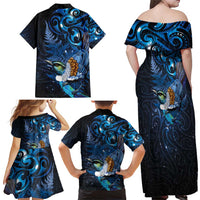 Aotearoa Matariki Family Matching Off Shoulder Maxi Dress and Hawaiian Shirt Maori Tribal with Silver Fern and Tui Bird Galaxy Style - Polynesian Pride