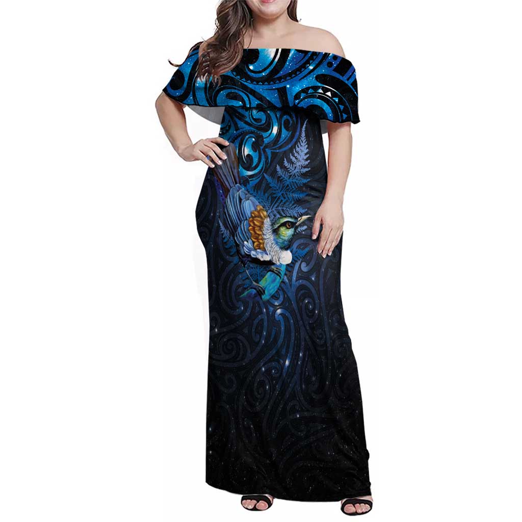 Aotearoa Matariki Family Matching Off Shoulder Maxi Dress and Hawaiian Shirt Maori Tribal with Silver Fern and Tui Bird Galaxy Style - Polynesian Pride