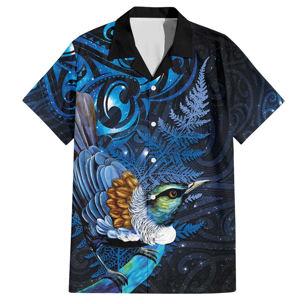 Aotearoa Matariki Family Matching Off Shoulder Short Dress and Hawaiian Shirt Maori Tribal with Silver Fern and Tui Bird Galaxy Style - Polynesian Pride