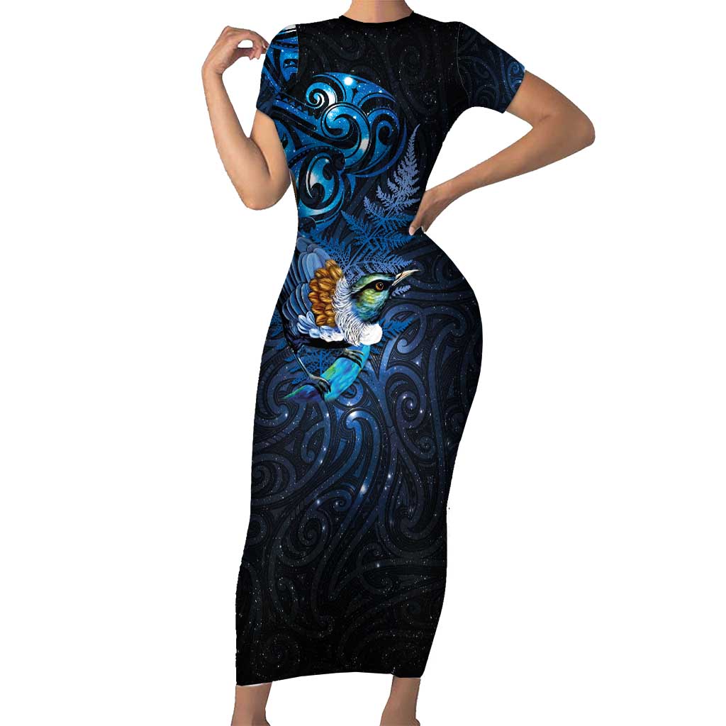 Aotearoa Matariki Family Matching Short Sleeve Bodycon Dress and Hawaiian Shirt Maori Tribal with Silver Fern and Tui Bird Galaxy Style - Polynesian Pride