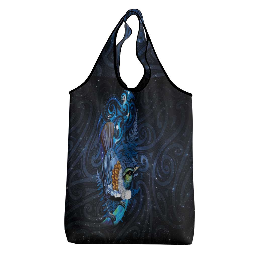 Aotearoa Matariki Grocery Bag Maori Tribal with Silver Fern and Tui Bird Galaxy Style - Polynesian Pride