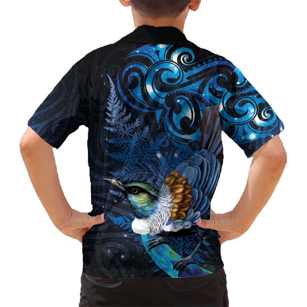 Aotearoa Matariki Kid Hawaiian Shirt Maori Tribal with Silver Fern and Tui Bird Galaxy Style - Polynesian Pride