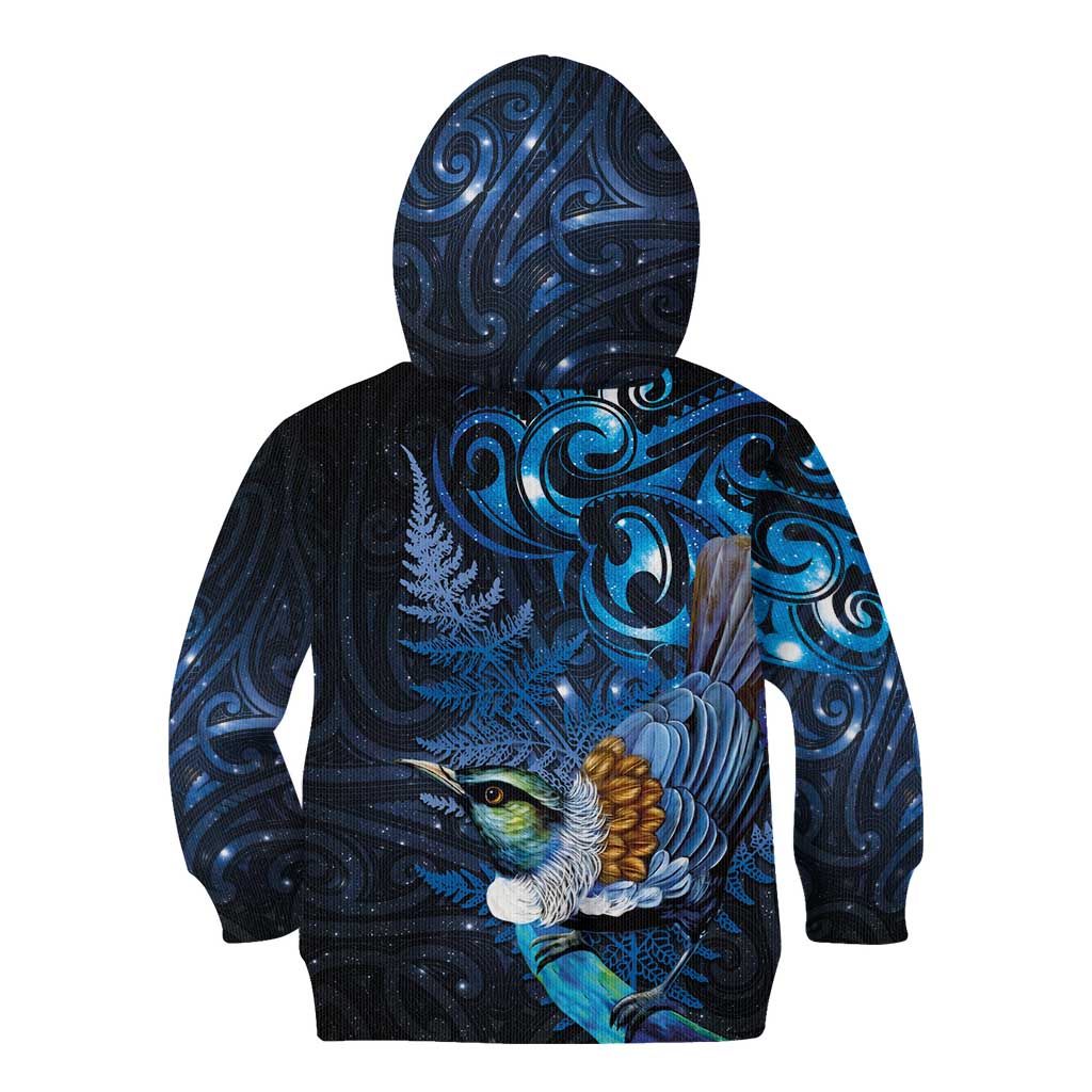 Aotearoa Matariki Kid Hoodie Maori Tribal with Silver Fern and Tui Bird Galaxy Style - Polynesian Pride