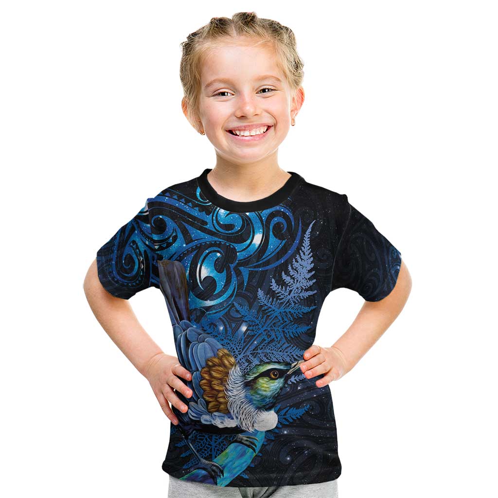 Aotearoa Matariki Kid T Shirt Maori Tribal with Silver Fern and Tui Bird Galaxy Style - Polynesian Pride