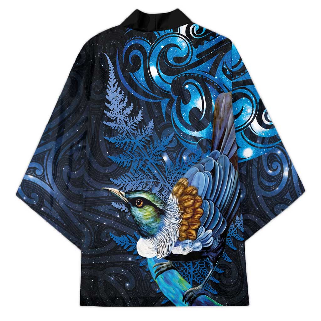 Aotearoa Matariki Kimono Maori Tribal with Silver Fern and Tui Bird Galaxy Style - Polynesian Pride
