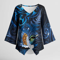 Aotearoa Matariki Kimono Sleeve Blouse Maori Tribal with Silver Fern and Tui Bird Galaxy Style - Polynesian Pride