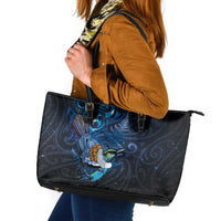 Aotearoa Matariki Leather Tote Bag Maori Tribal with Silver Fern and Tui Bird Galaxy Style - Polynesian Pride