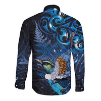 Aotearoa Matariki Long Sleeve Button Shirt Maori Tribal with Silver Fern and Tui Bird Galaxy Style - Polynesian Pride
